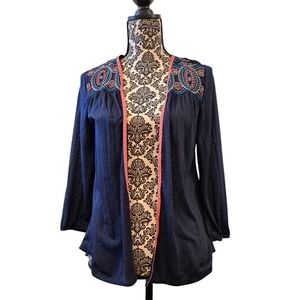 Maurices Navy Blue Kimono Cardigan Top with Embroidery Size M